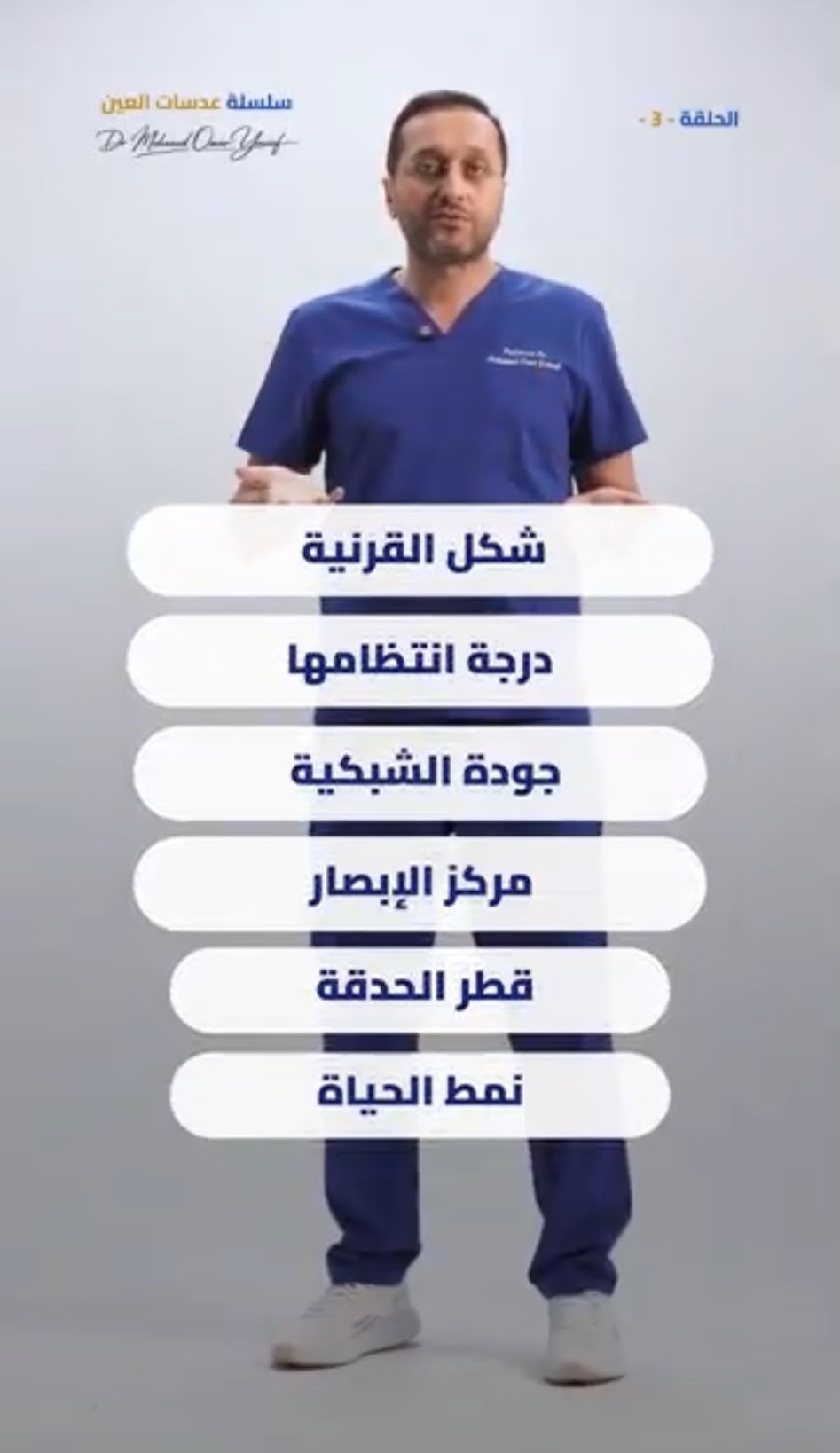 Frame showing six white rounded pills stacked vertically with deep blue Arabic text, over the doctor.