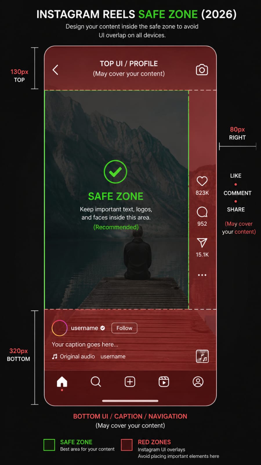Instagram Reels safe zone diagram showing the top, bottom and side areas covered by Instagram's interface.